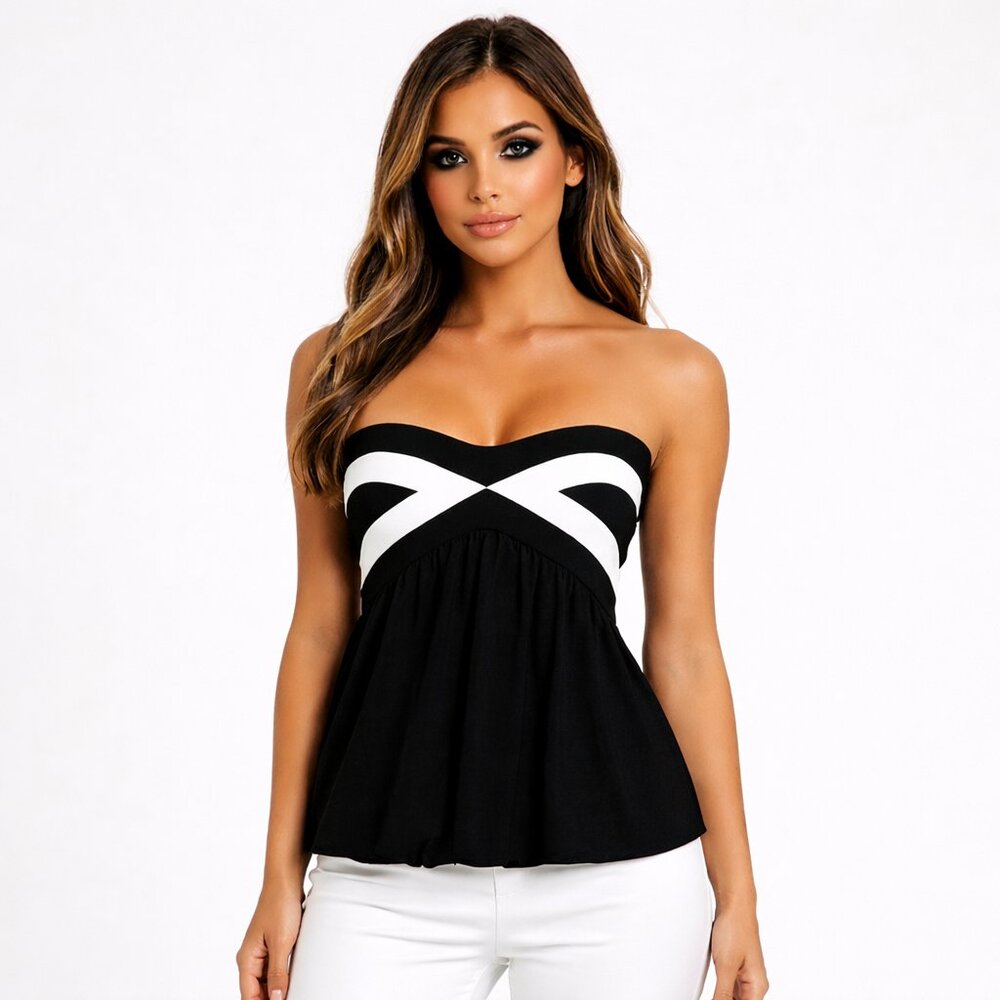 Tuxedo Strapless Smocked Sweetheart Bubble Hem Top Party Club Gift Retro Summer
